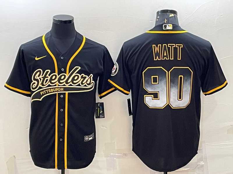 Men%27s Pittsburgh Steelers #90 TJ Watt Black Gold With Patch Smoke Cool Base Stitched Baseball Jersey->pittsburgh steelers->NFL Jersey
